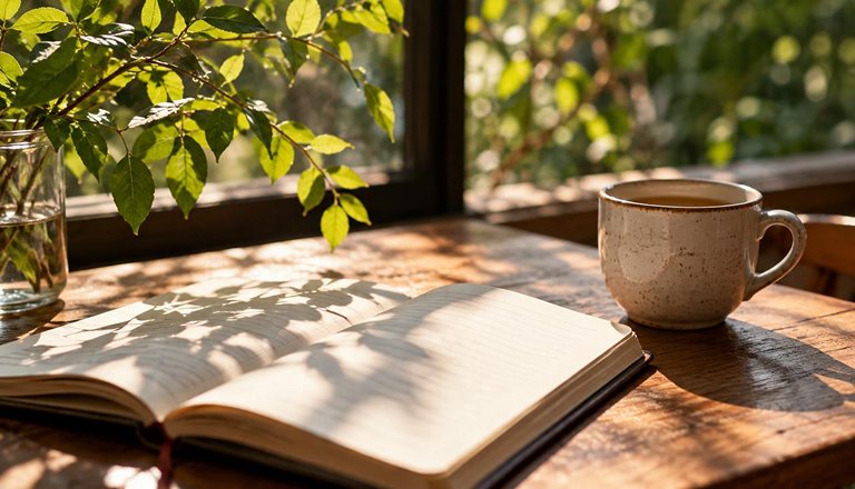 An open notebook and a cup of tea on a wooden table by a sunlit window
